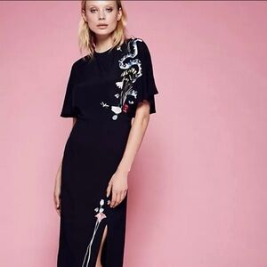 $645 Rixo Embroidered Black Viscose Maxi Dress Sz L Pre-loved